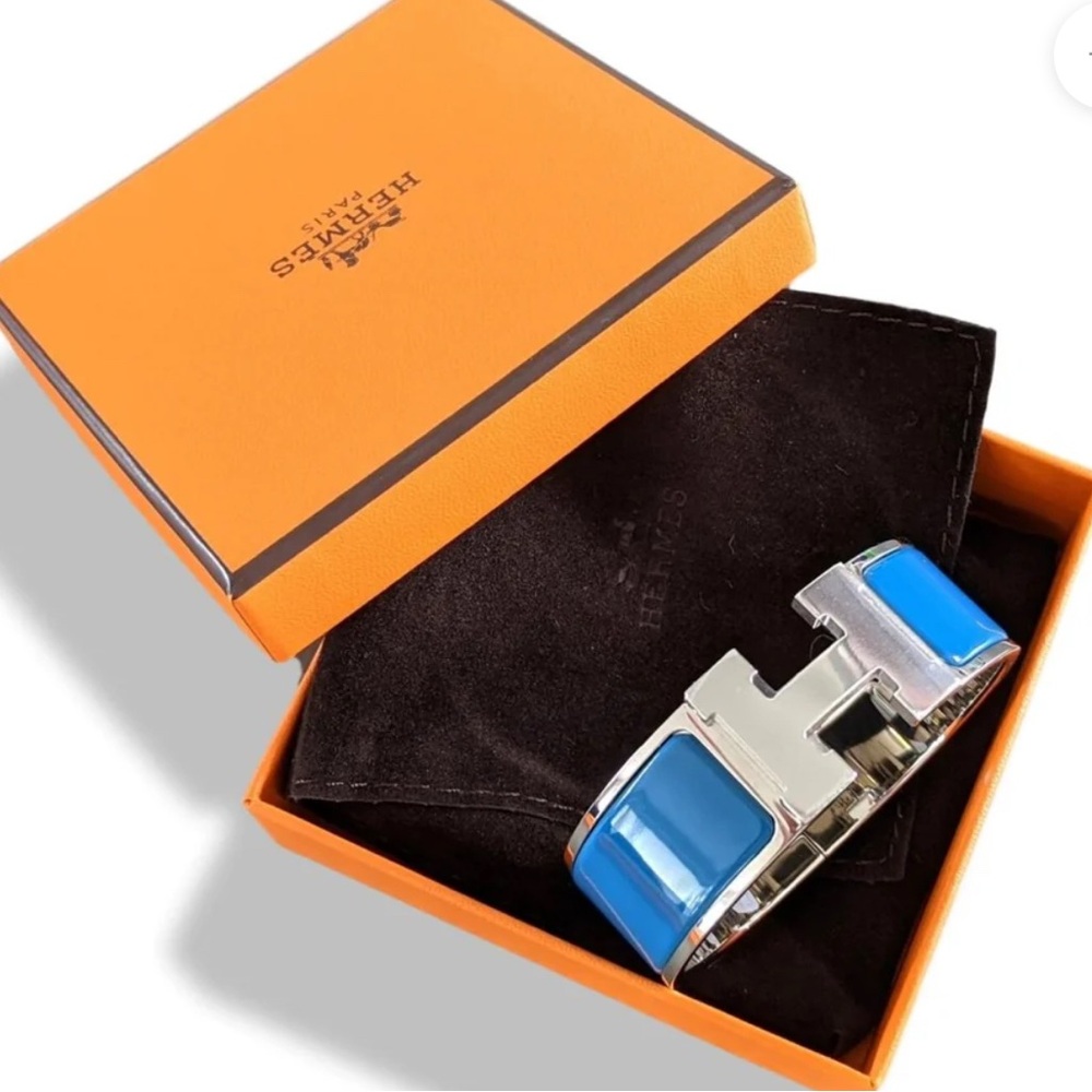 AUTH HERMES Clic Clac H Blue/Silver Bangle Bracelet